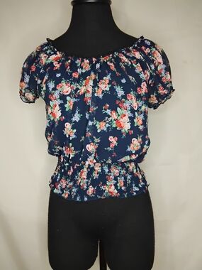 Wet Seal Navy Floral Off-Shoulder Smocked Waist Blouse